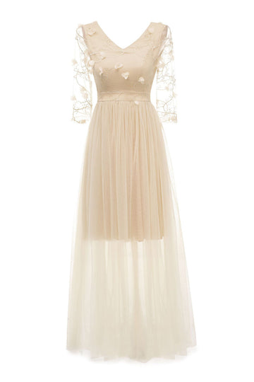 Vestido Vintage Mangas Largas Tul Albaricoque Apliques
